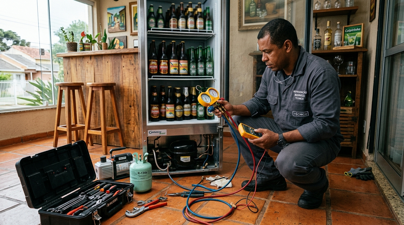 Profissional executando reparo no motor de cervejeira no Parque Eldorado, Campinas‑SP