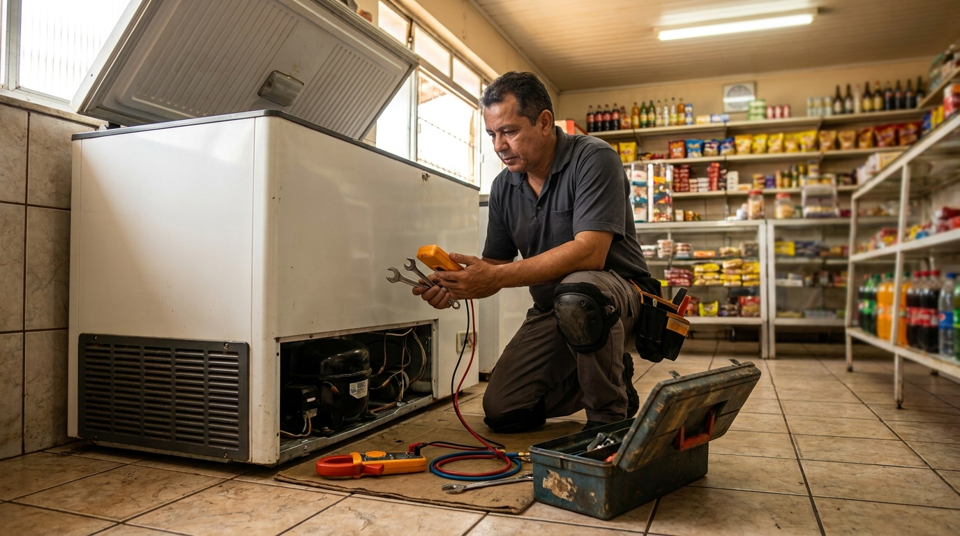 Profissional executando manutenção no motor de freezer nas Colinas do Jambeiro, Campinas‑SP