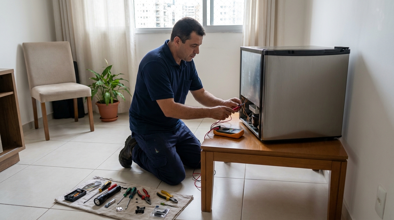 Técnico fazendo manutenção do motor de frigobar nos Altos do Taquaral, Campinas‑SP
