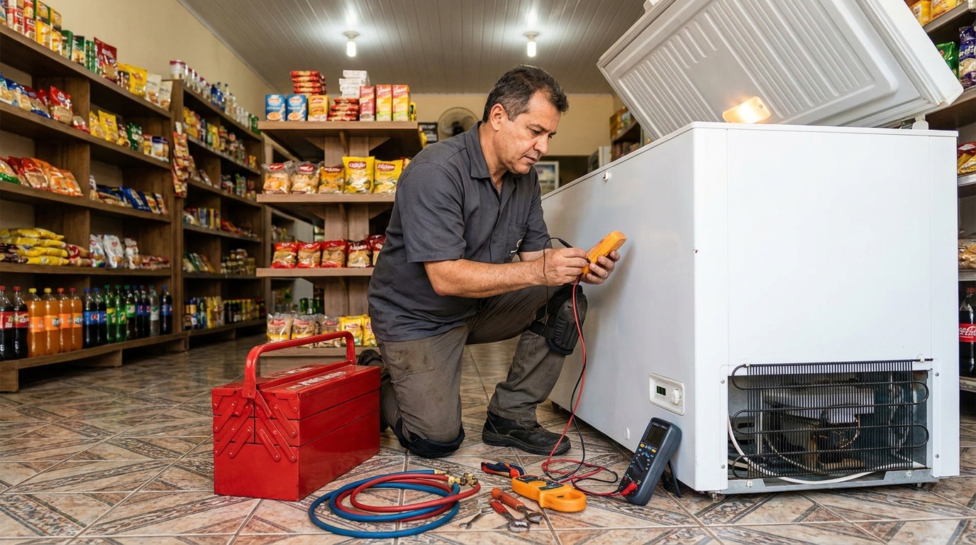 Recarga de gás refrigerante no freezer durante atendimento nas Colinas do Jambeiro, Campinas‑SP