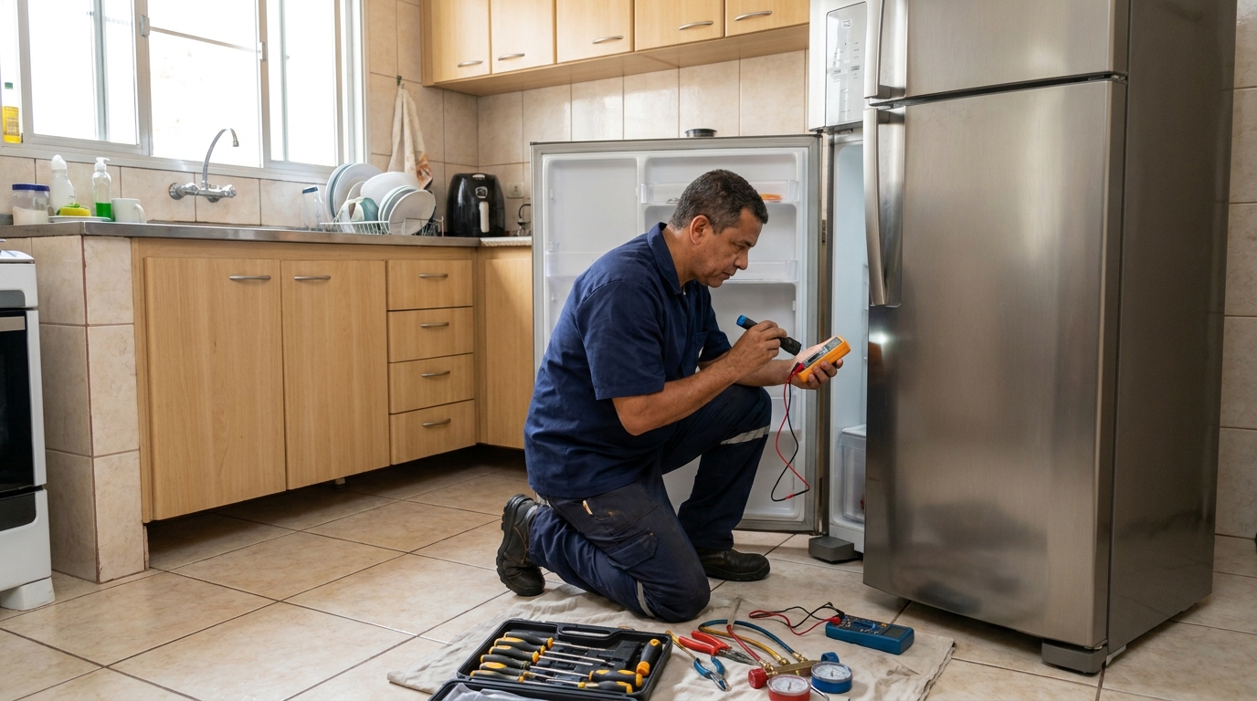 Técnico aplicando recarga de gás refrigerante em geladeira nos Altos do Taquaral, Campinas‑SP