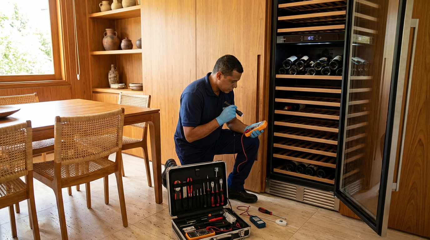 Substituição de termostato em adega climatizada em visita técnica na Vila IAPI, Campinas‑SP