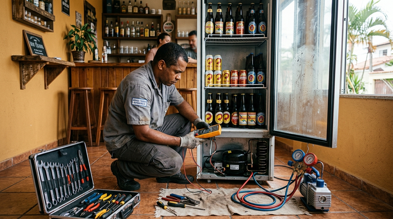 Substituição de termostato de cervejeira em serviço técnico no Parque Eldorado, Campinas‑SP