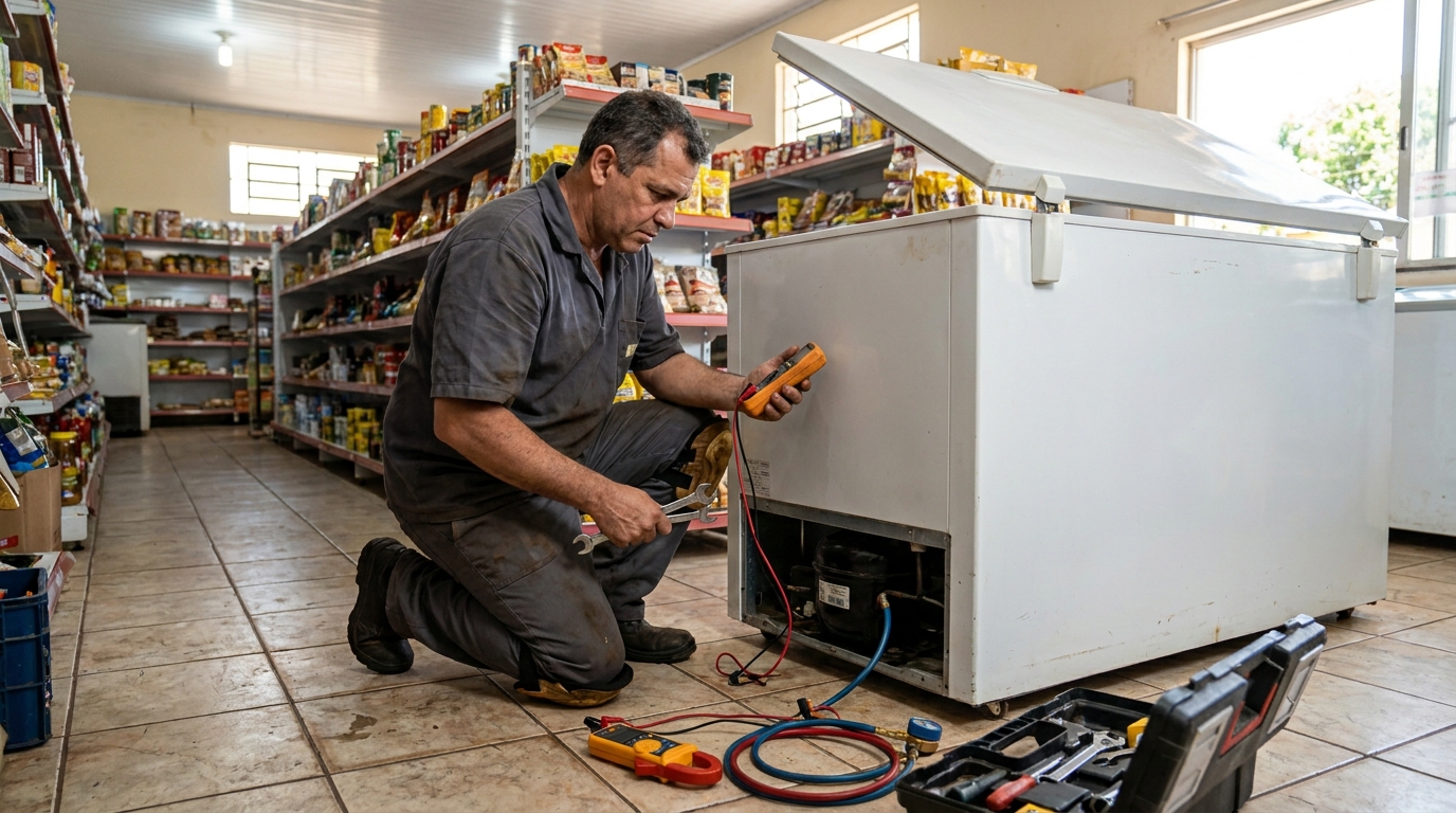 Substituição de termostato de freezer em visita técnica nas Colinas do Jambeiro, Campinas‑SP